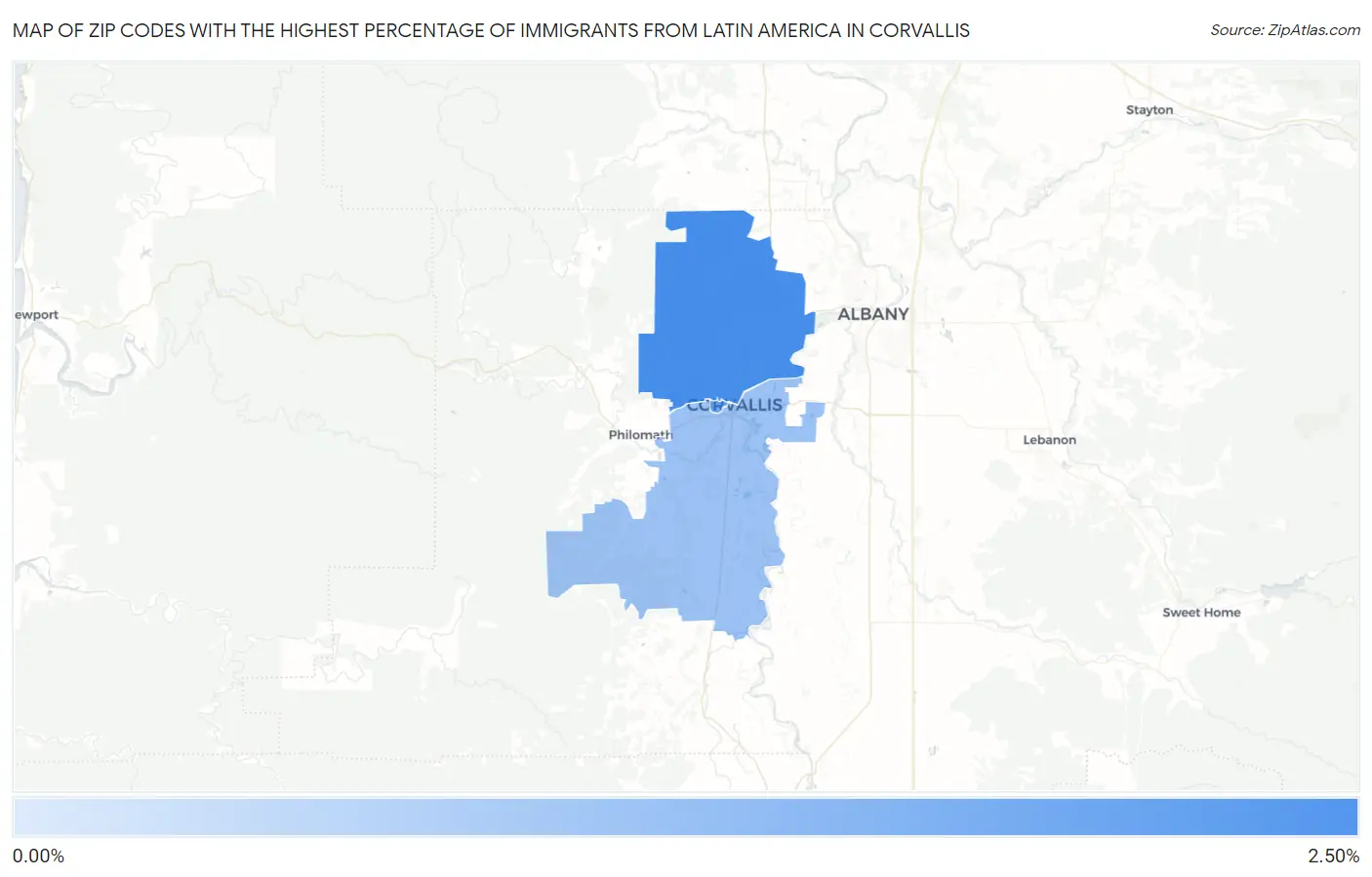 Zip Codes with the Highest Percentage of Immigrants from Latin America in Corvallis Map
