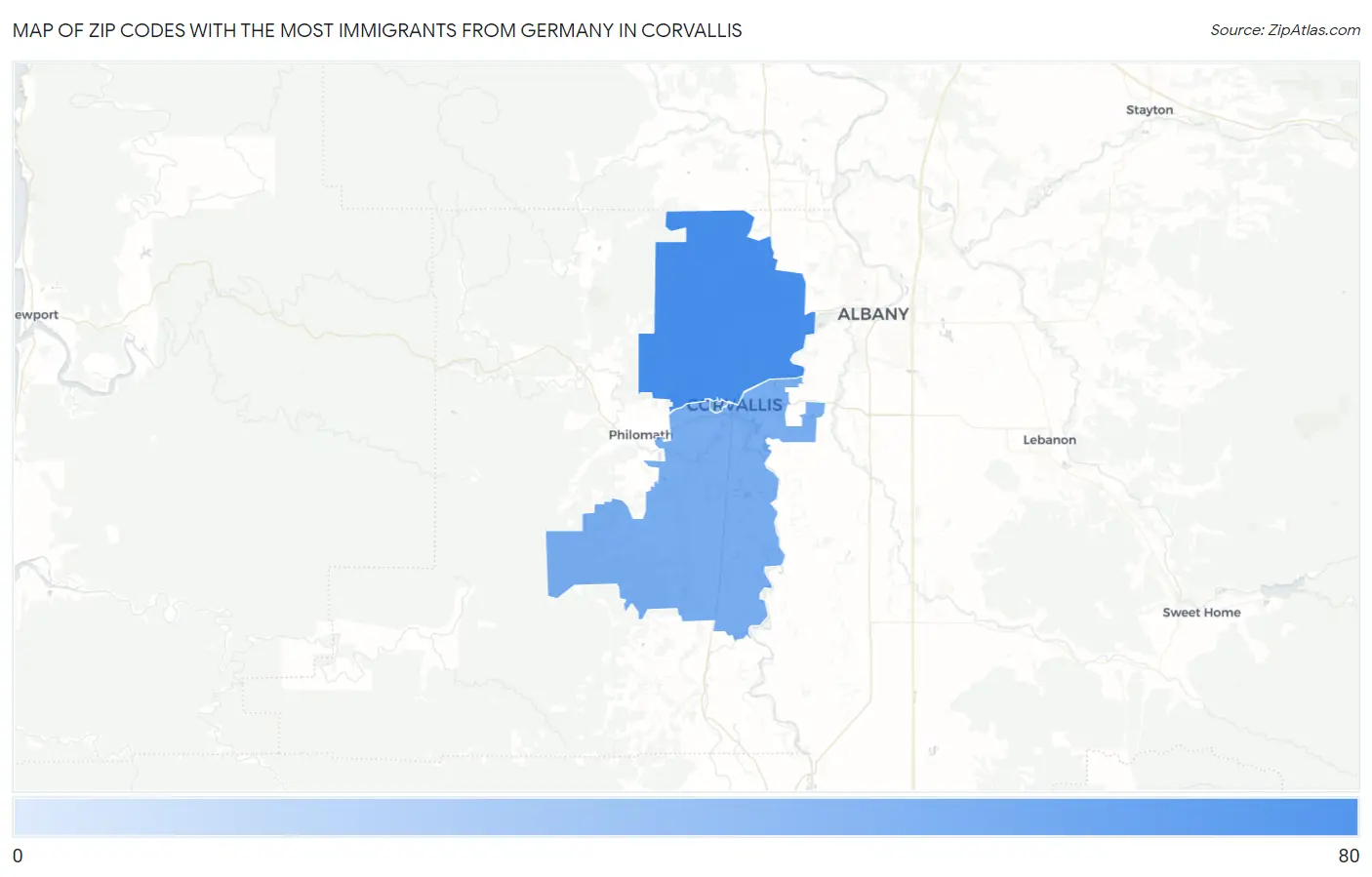 Zip Codes with the Most Immigrants from Germany in Corvallis Map