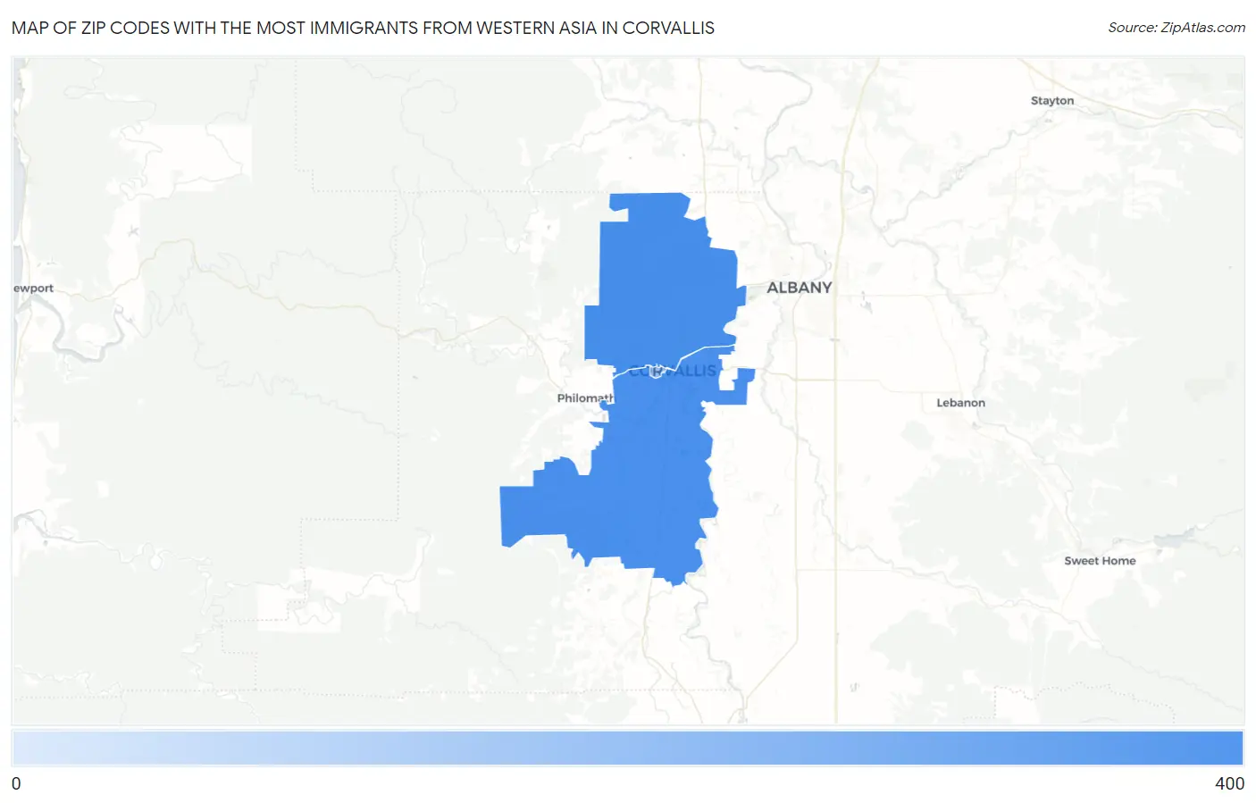 Zip Codes with the Most Immigrants from Western Asia in Corvallis Map