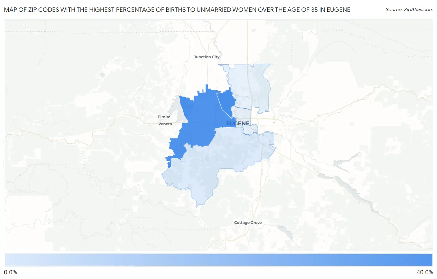 Zip Codes with the Highest Percentage of Births to Unmarried Women over the Age of 35 in Eugene Map