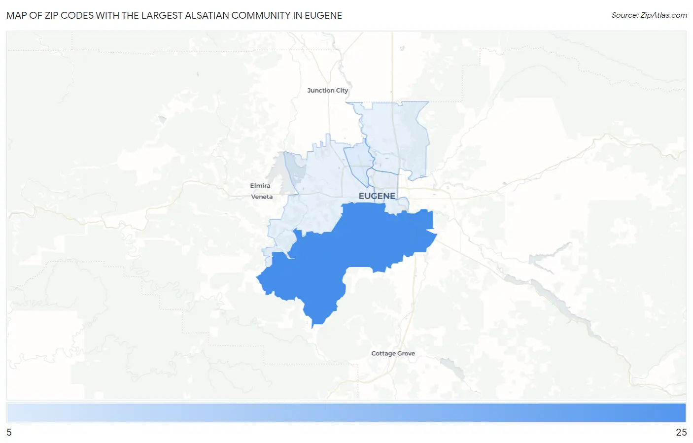 Zip Codes with the Largest Alsatian Community in Eugene Map