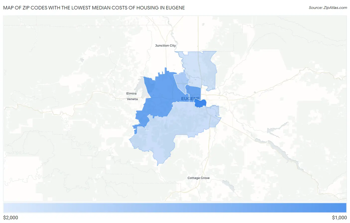 Zip Codes with the Lowest Median Costs of Housing in Eugene Map