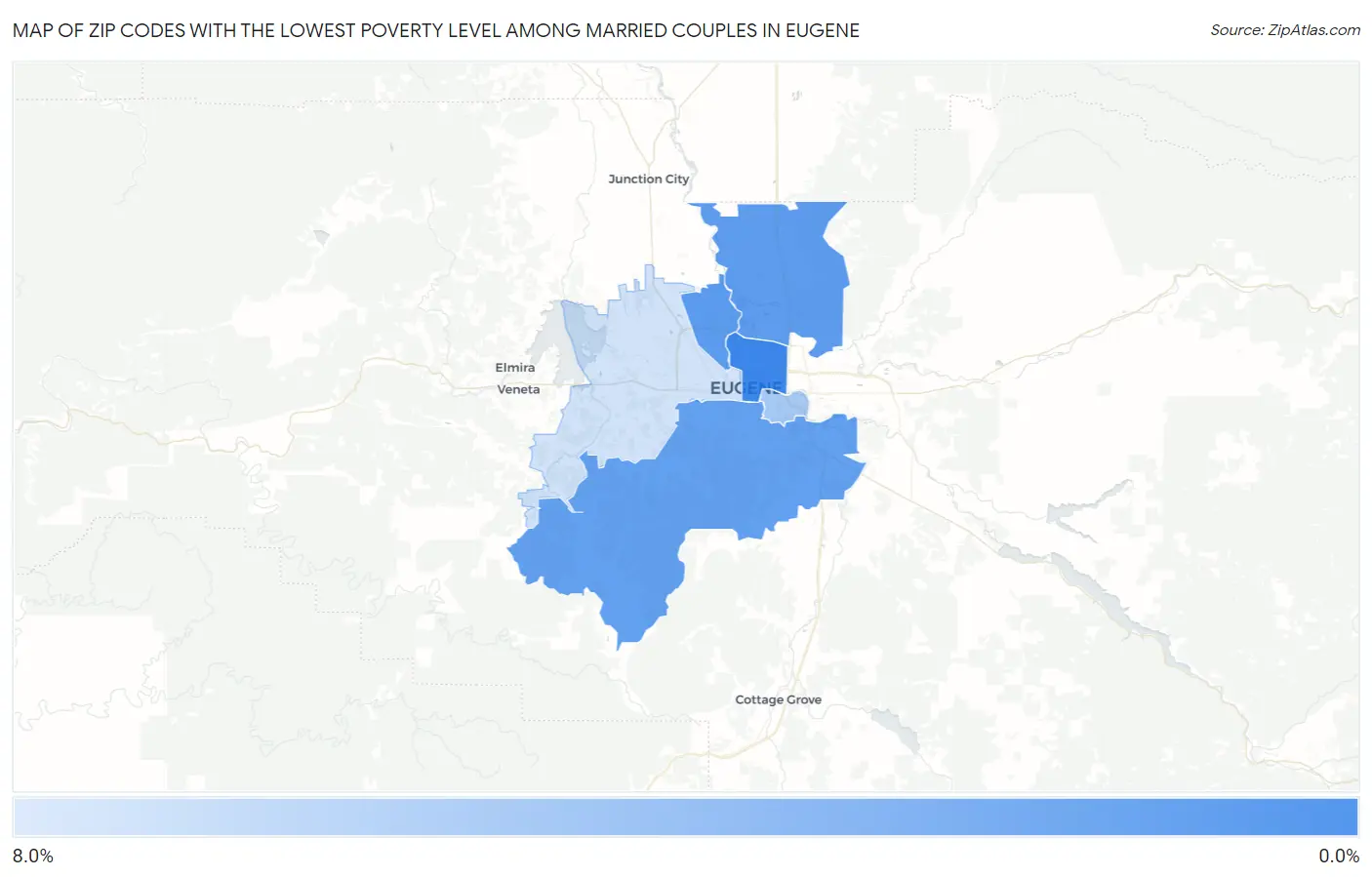 Zip Codes with the Lowest Poverty Level Among Married Couples in Eugene Map