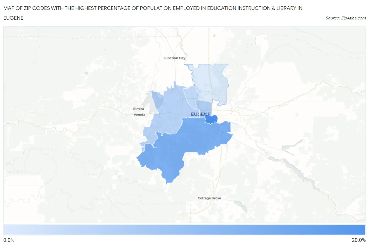Zip Codes with the Highest Percentage of Population Employed in Education Instruction & Library in Eugene Map