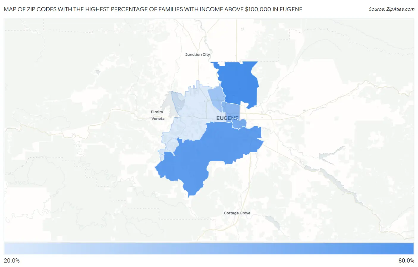 Zip Codes with the Highest Percentage of Families with Income Above $100,000 in Eugene Map