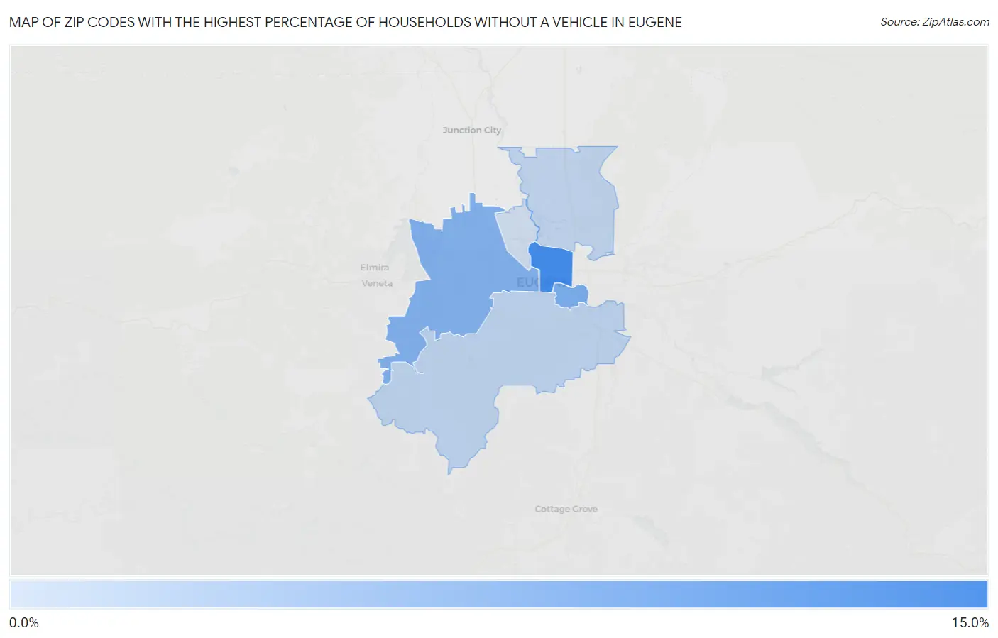 Zip Codes with the Highest Percentage of Households Without a Vehicle in Eugene Map