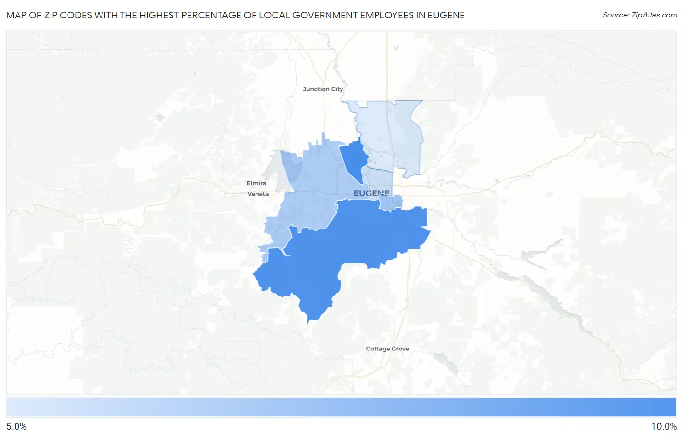 Zip Codes with the Highest Percentage of Local Government Employees in Eugene Map