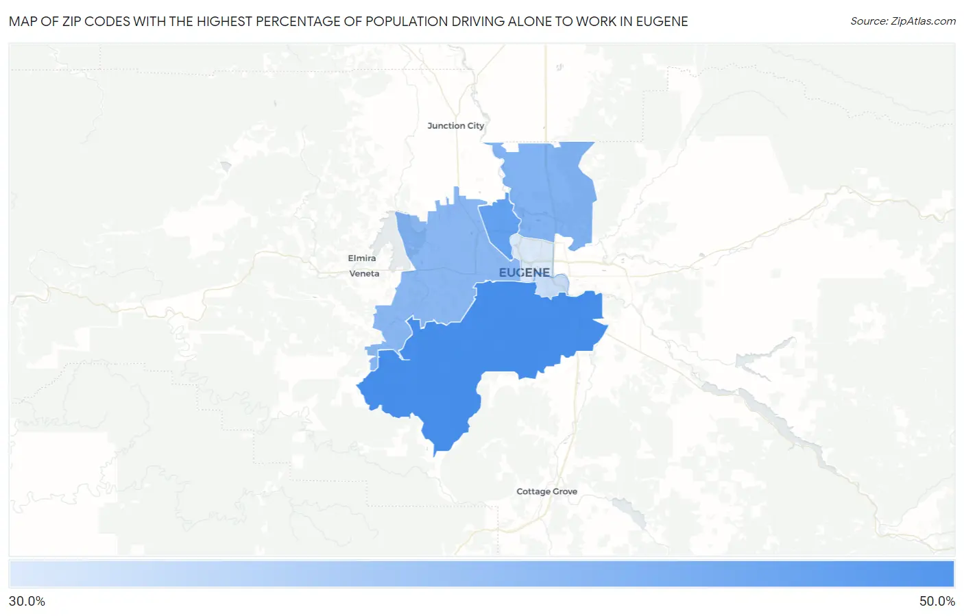Zip Codes with the Highest Percentage of Population Driving Alone to Work in Eugene Map