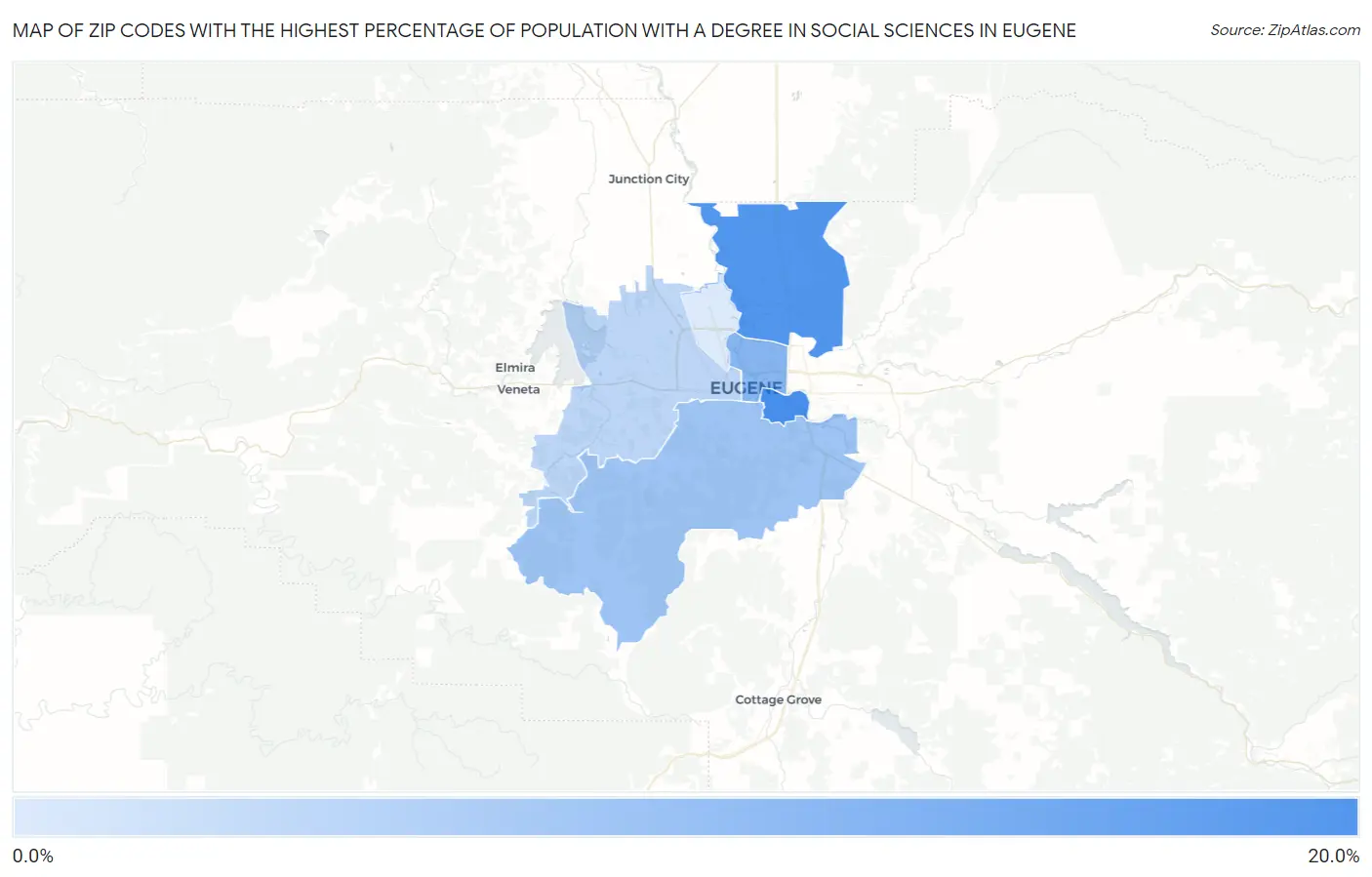 Zip Codes with the Highest Percentage of Population with a Degree in Social Sciences in Eugene Map