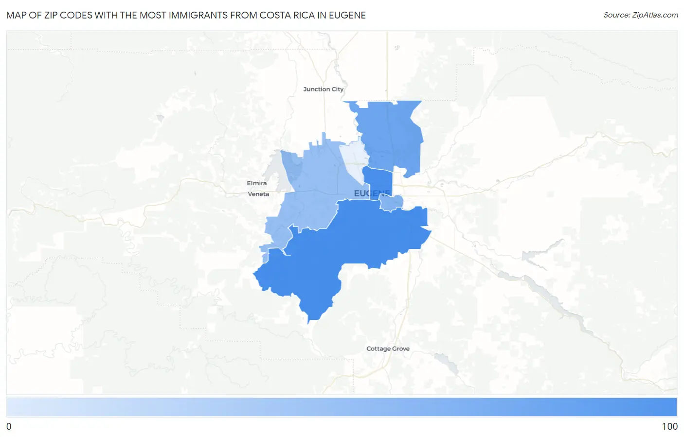 Zip Codes with the Most Immigrants from Costa Rica in Eugene Map