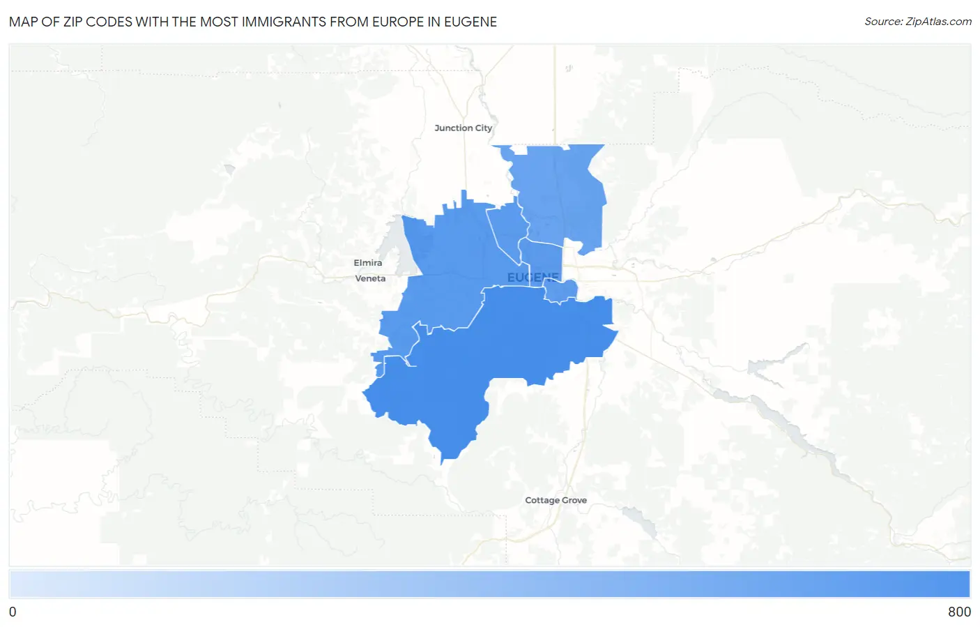 Zip Codes with the Most Immigrants from Europe in Eugene Map