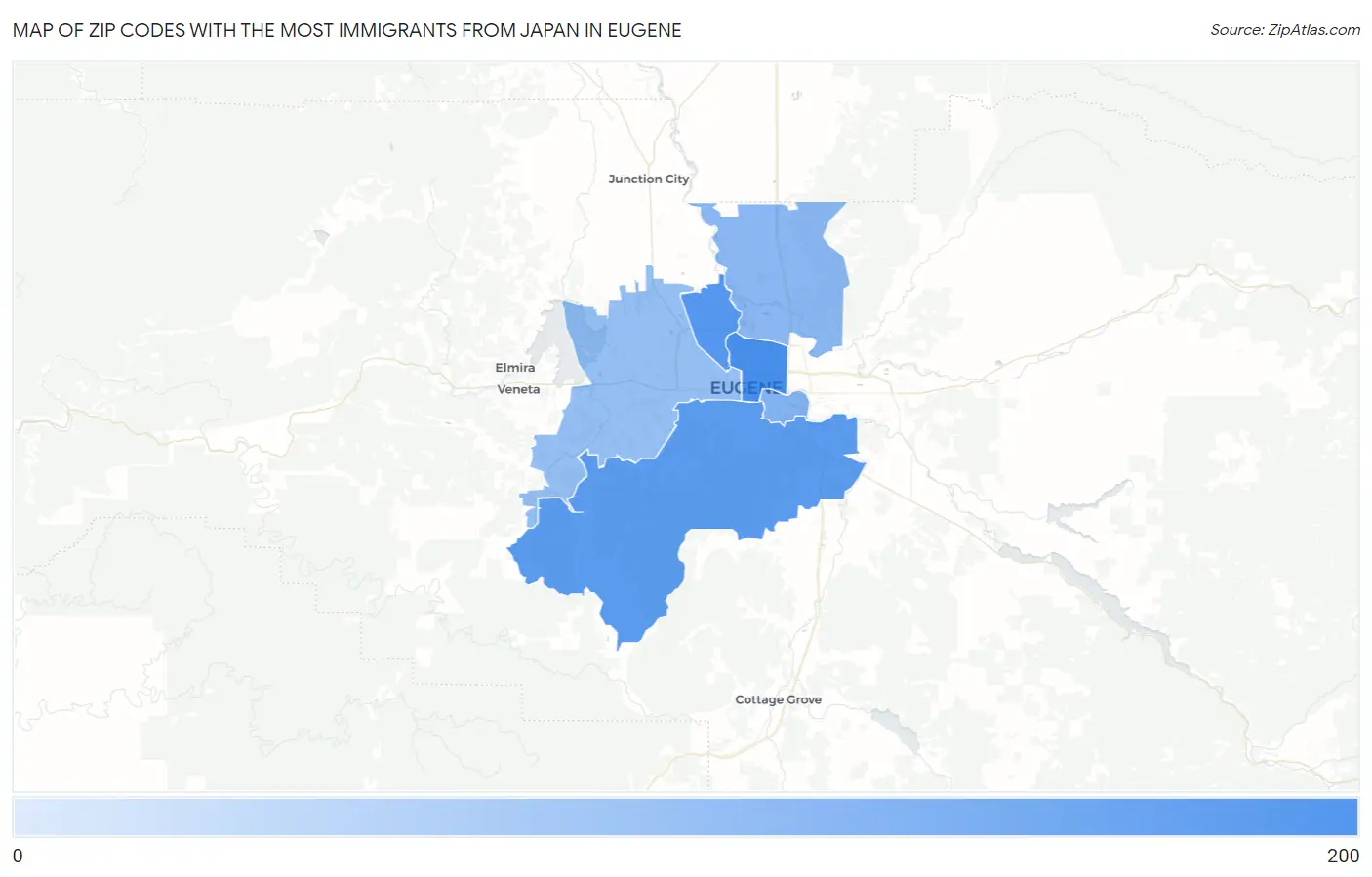 Zip Codes with the Most Immigrants from Japan in Eugene Map