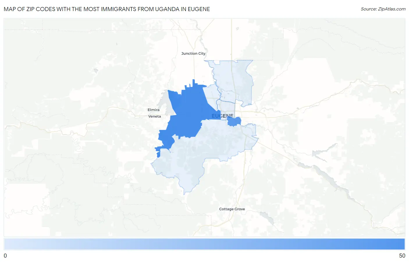 Zip Codes with the Most Immigrants from Uganda in Eugene Map