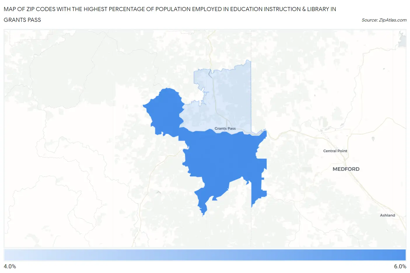 Zip Codes with the Highest Percentage of Population Employed in Education Instruction & Library in Grants Pass Map