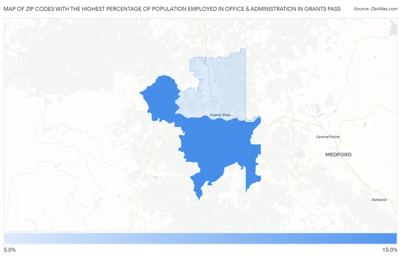 Zip Codes with the Highest Percentage of Population Employed in Office & Administration in Grants Pass Map