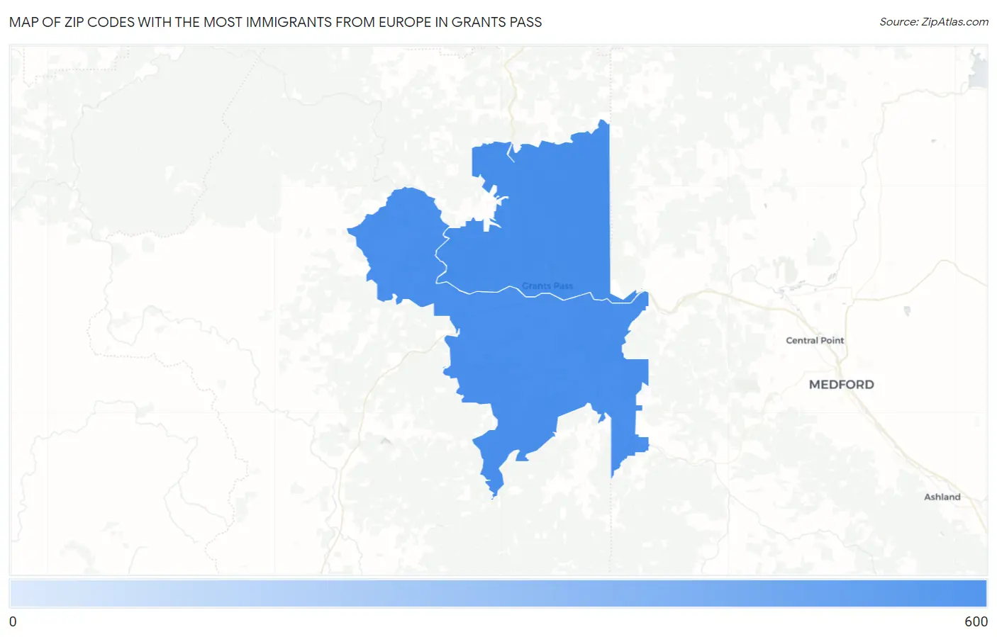 Zip Codes with the Most Immigrants from Europe in Grants Pass Map