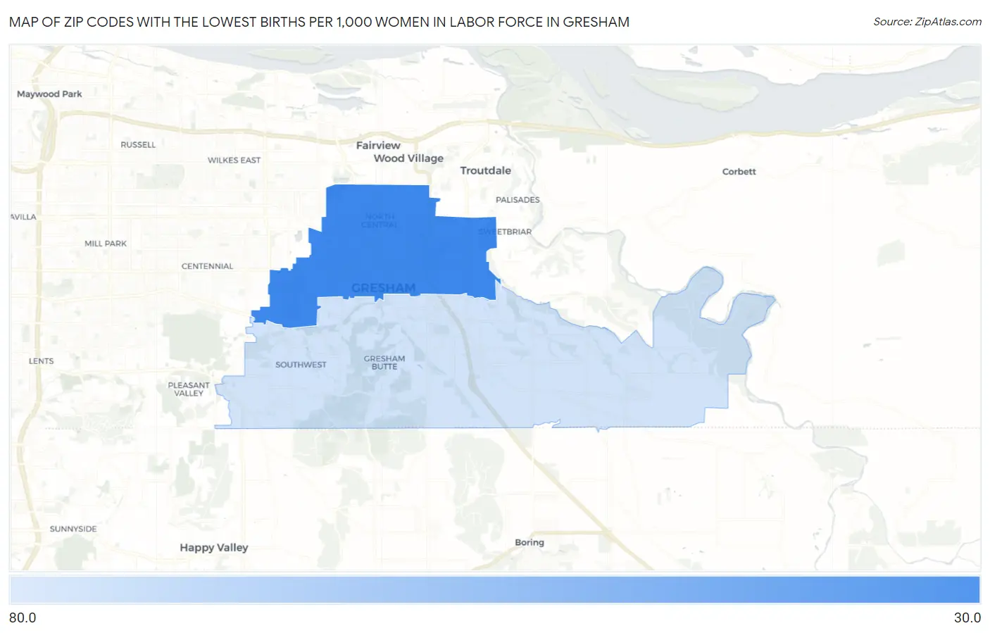 Zip Codes with the Lowest Births per 1,000 Women in Labor Force in Gresham Map
