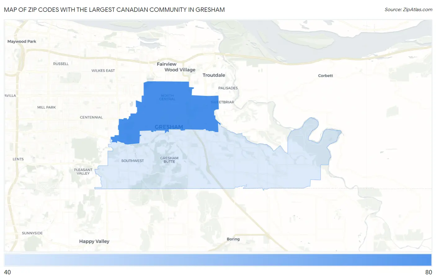 Zip Codes with the Largest Canadian Community in Gresham Map