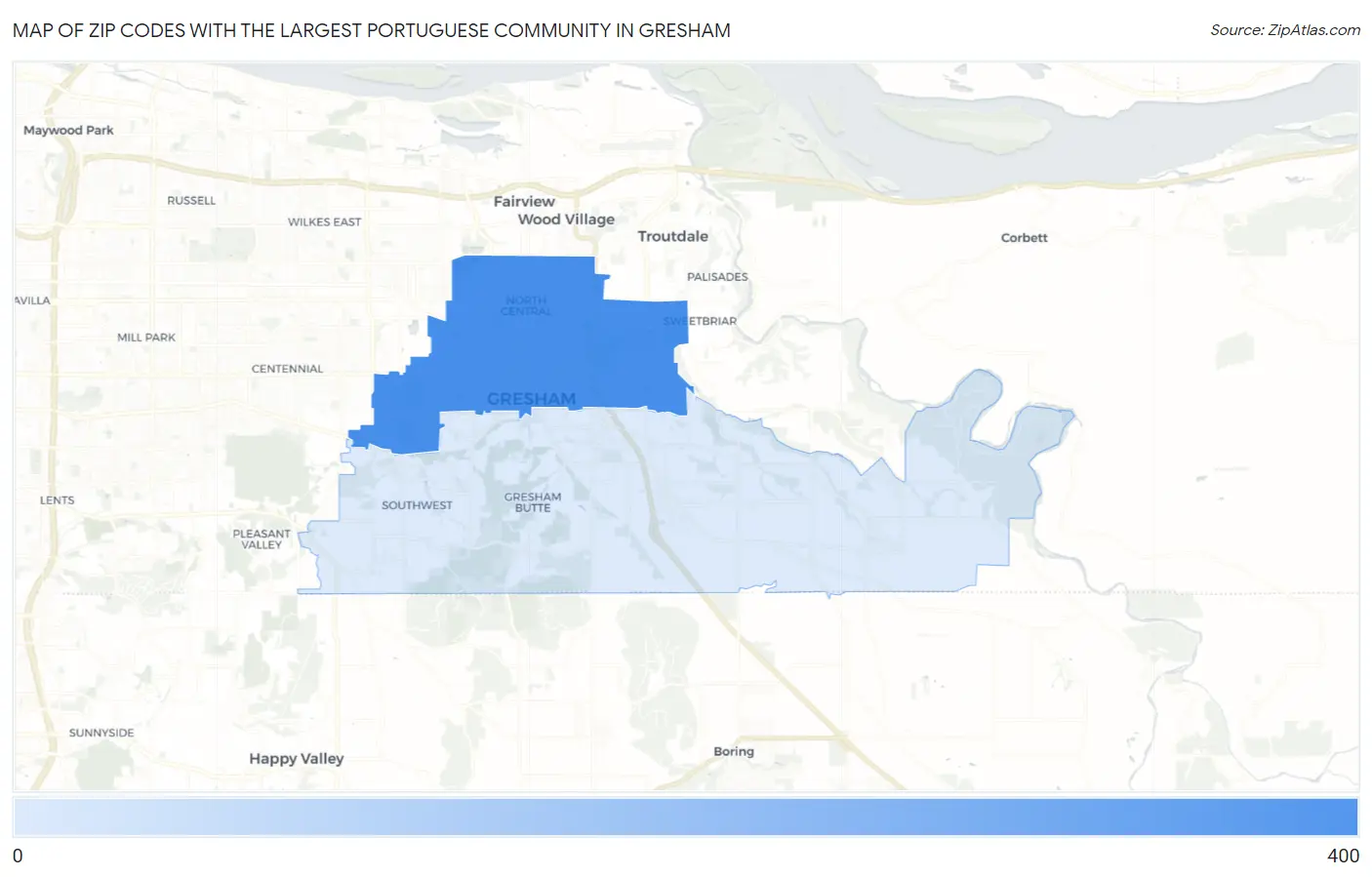 Zip Codes with the Largest Portuguese Community in Gresham Map