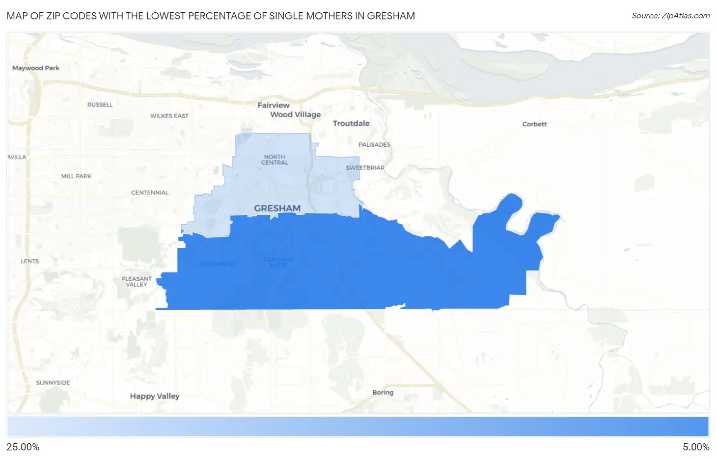 Zip Codes with the Lowest Percentage of Single Mothers in Gresham Map