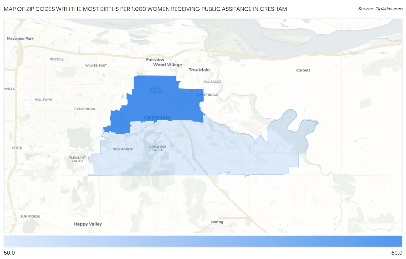Zip Codes with the Most Births per 1,000 Women Receiving Public Assitance in Gresham Map