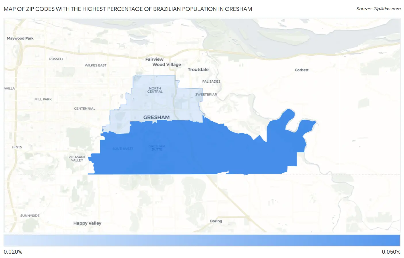 Zip Codes with the Highest Percentage of Brazilian Population in Gresham Map