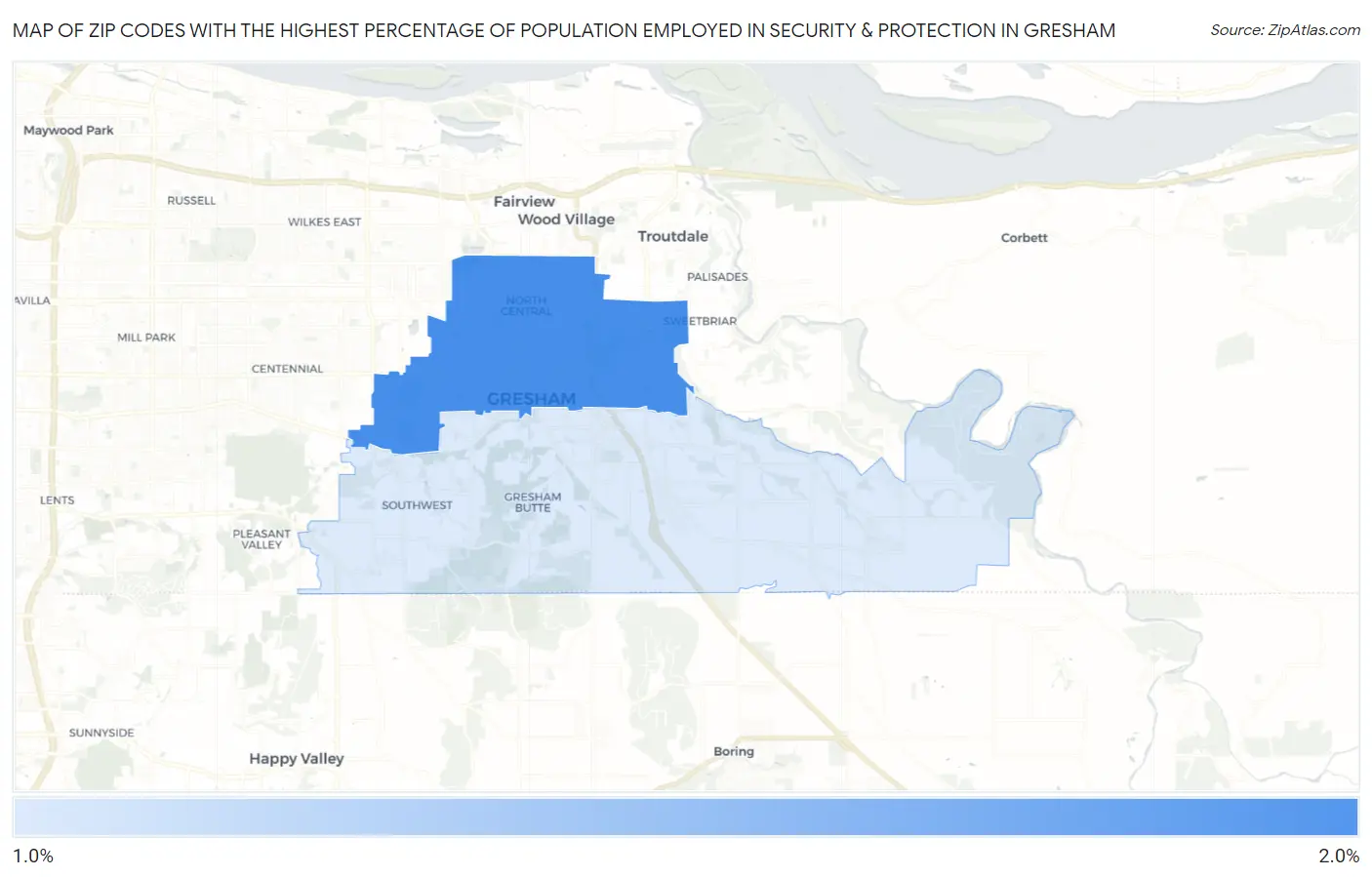 Zip Codes with the Highest Percentage of Population Employed in Security & Protection in Gresham Map