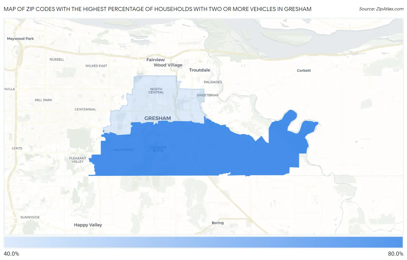 Zip Codes with the Highest Percentage of Households With Two or more Vehicles in Gresham Map