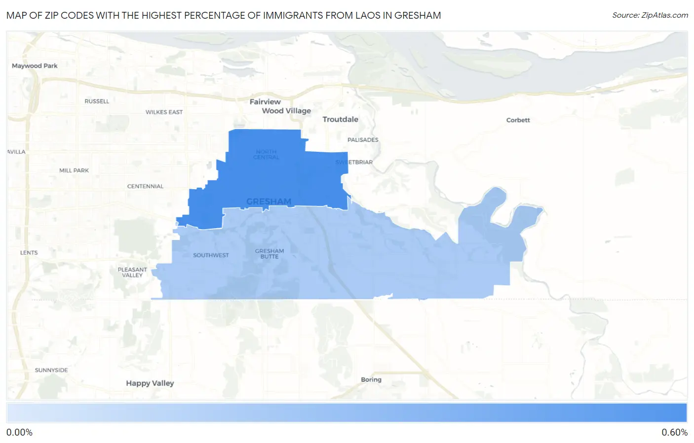 Zip Codes with the Highest Percentage of Immigrants from Laos in Gresham Map