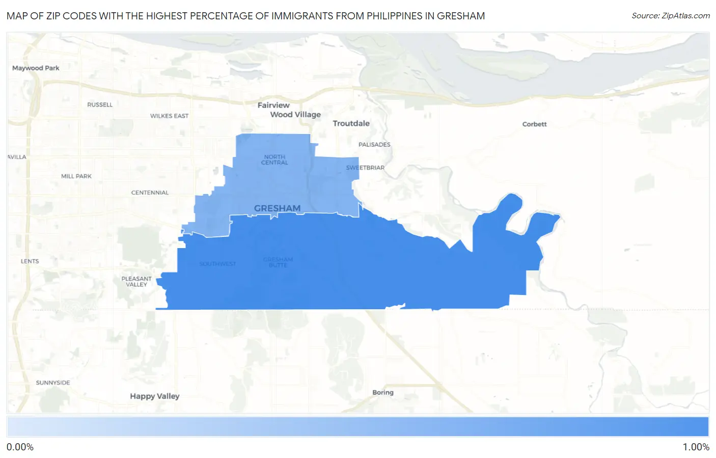 Zip Codes with the Highest Percentage of Immigrants from Philippines in Gresham Map