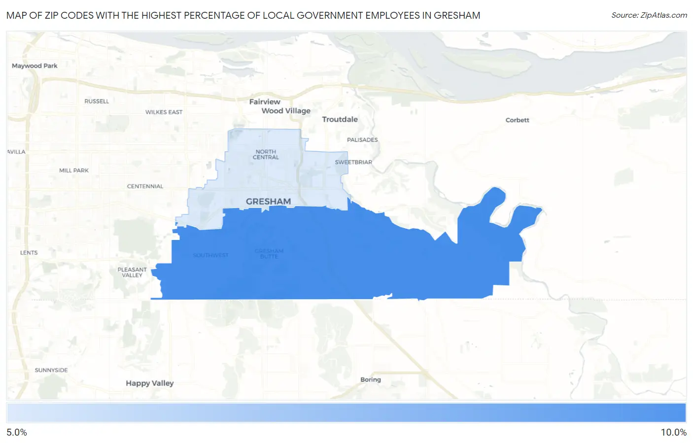 Zip Codes with the Highest Percentage of Local Government Employees in Gresham Map