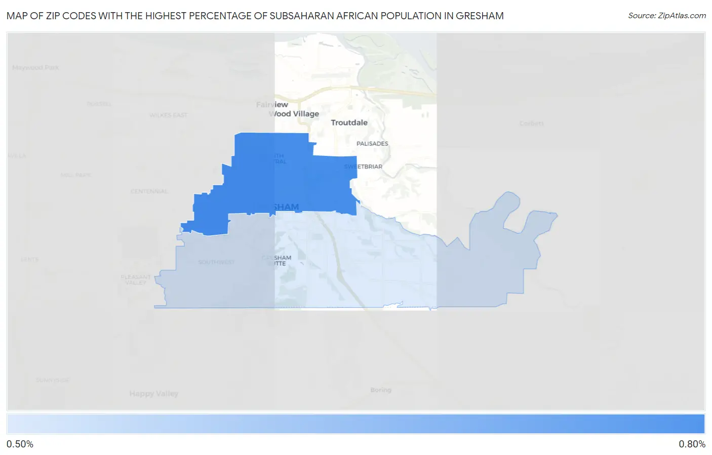 Zip Codes with the Highest Percentage of Subsaharan African Population in Gresham Map