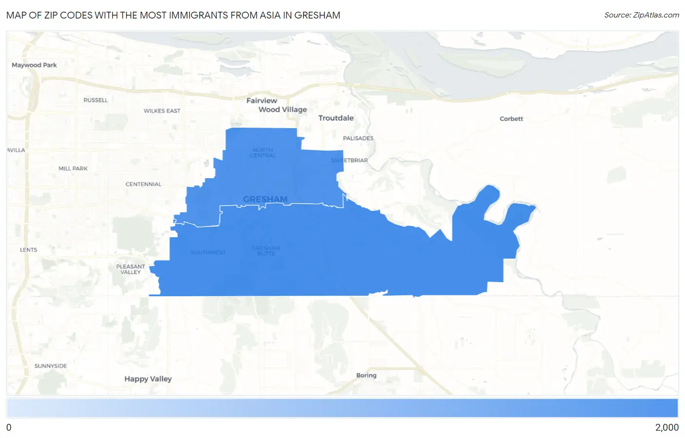 Zip Codes with the Most Immigrants from Asia in Gresham Map