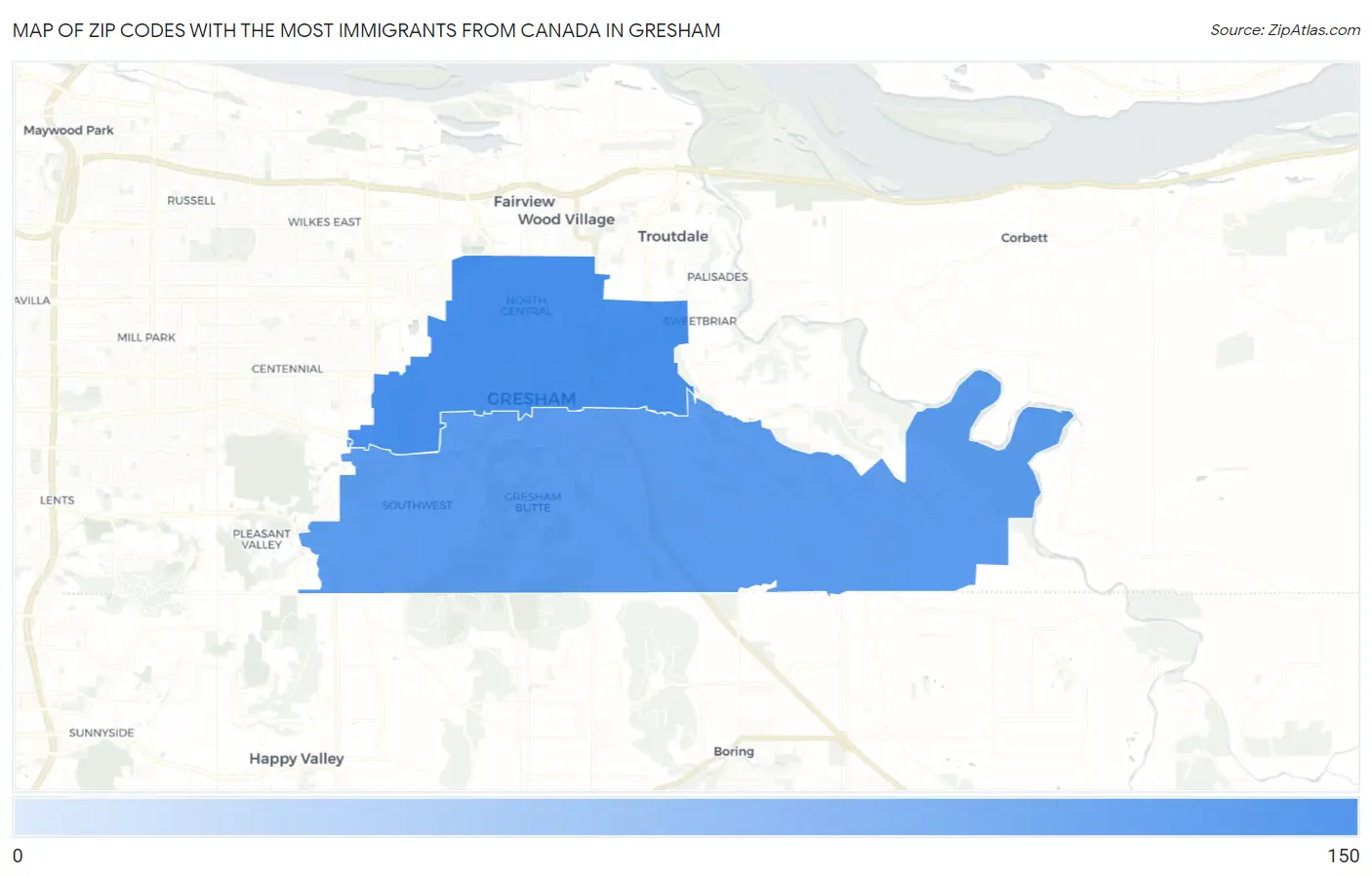 Zip Codes with the Most Immigrants from Canada in Gresham Map