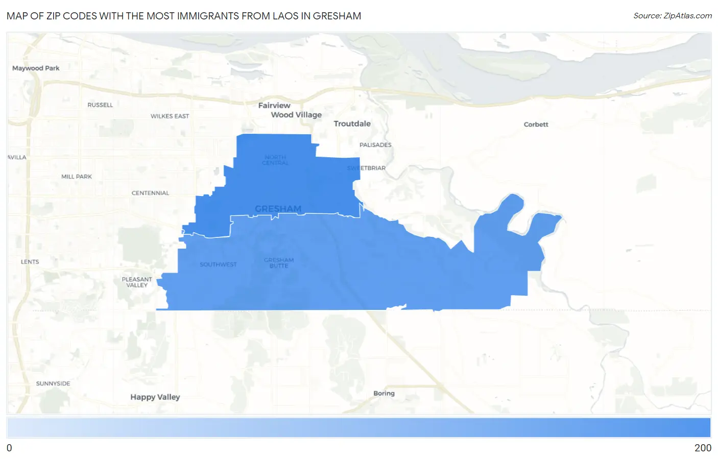 Zip Codes with the Most Immigrants from Laos in Gresham Map
