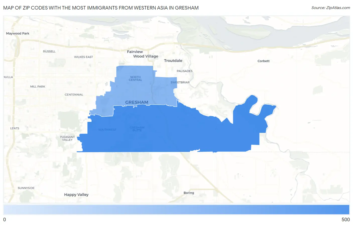 Zip Codes with the Most Immigrants from Western Asia in Gresham Map