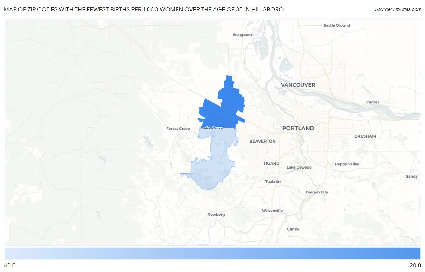 Zip Codes with the Fewest Births per 1,000 Women Over the Age of 35 in Hillsboro Map