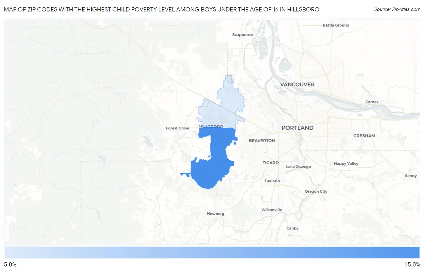 Zip Codes with the Highest Child Poverty Level Among Boys Under the Age of 16 in Hillsboro Map