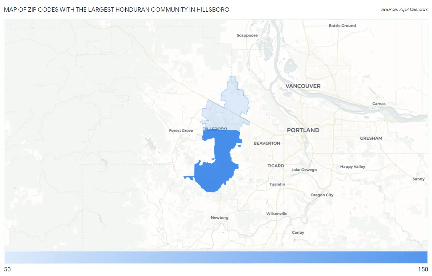 Zip Codes with the Largest Honduran Community in Hillsboro Map