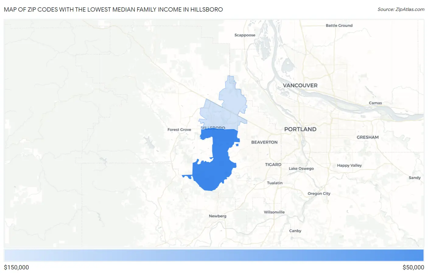 Zip Codes with the Lowest Median Family Income in Hillsboro Map