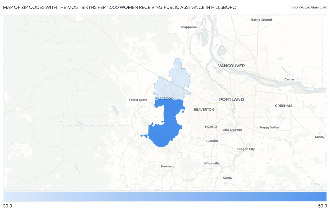 Zip Codes with the Most Births per 1,000 Women Receiving Public Assitance in Hillsboro Map