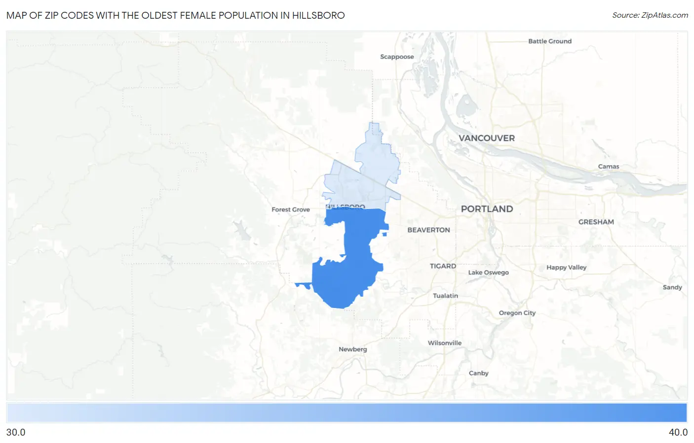 Zip Codes with the Oldest Female Population in Hillsboro Map