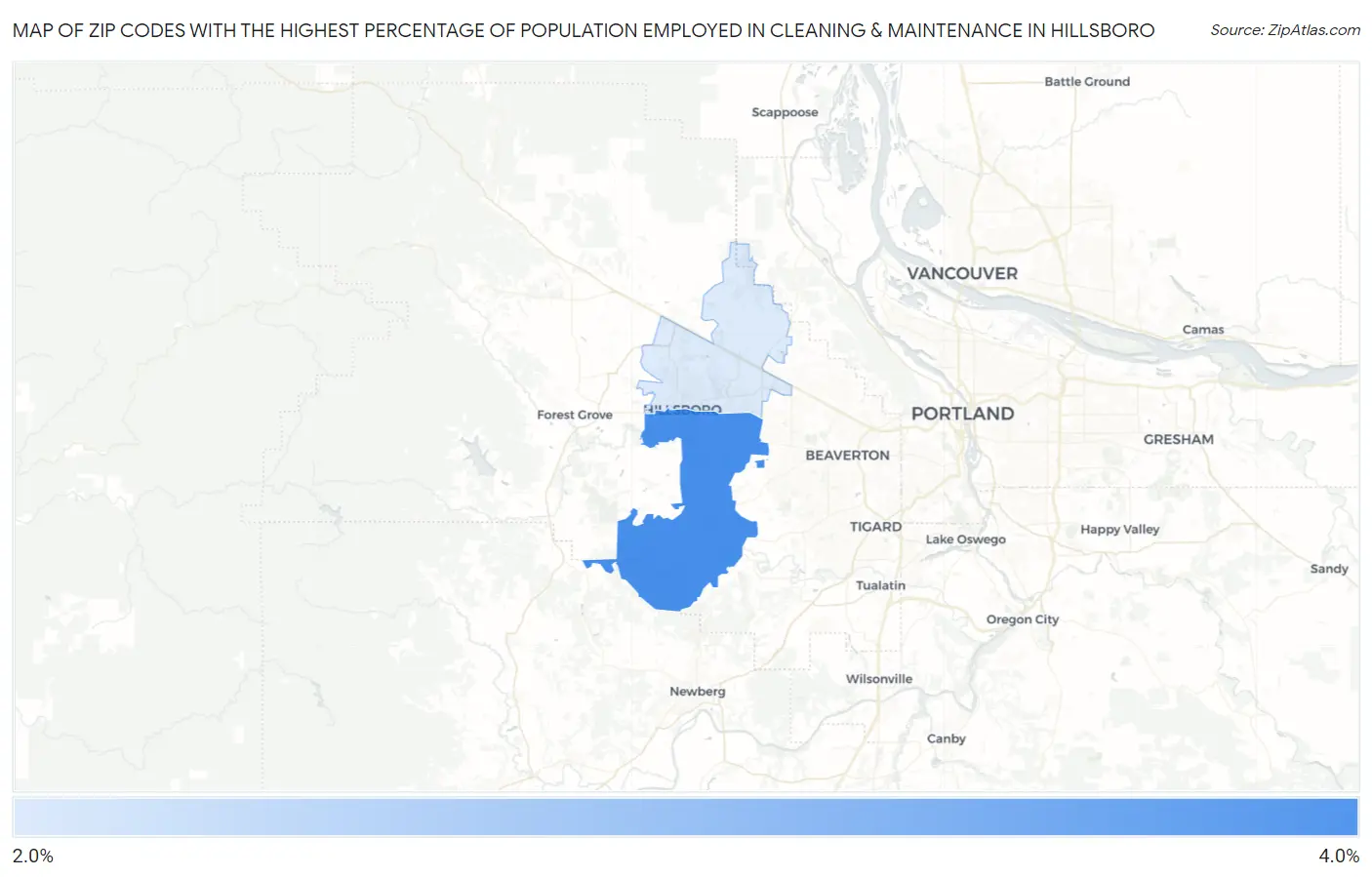 Zip Codes with the Highest Percentage of Population Employed in Cleaning & Maintenance in Hillsboro Map