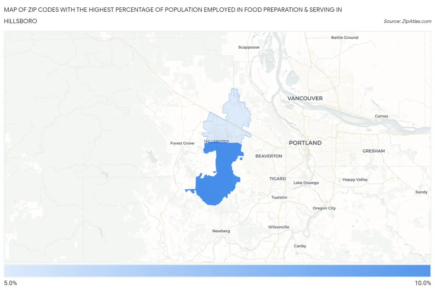 Zip Codes with the Highest Percentage of Population Employed in Food Preparation & Serving in Hillsboro Map