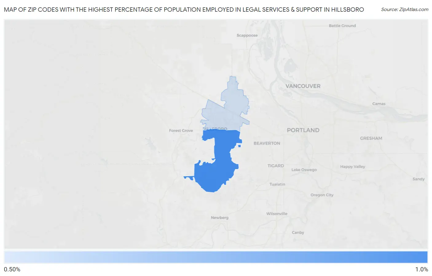 Zip Codes with the Highest Percentage of Population Employed in Legal Services & Support in Hillsboro Map