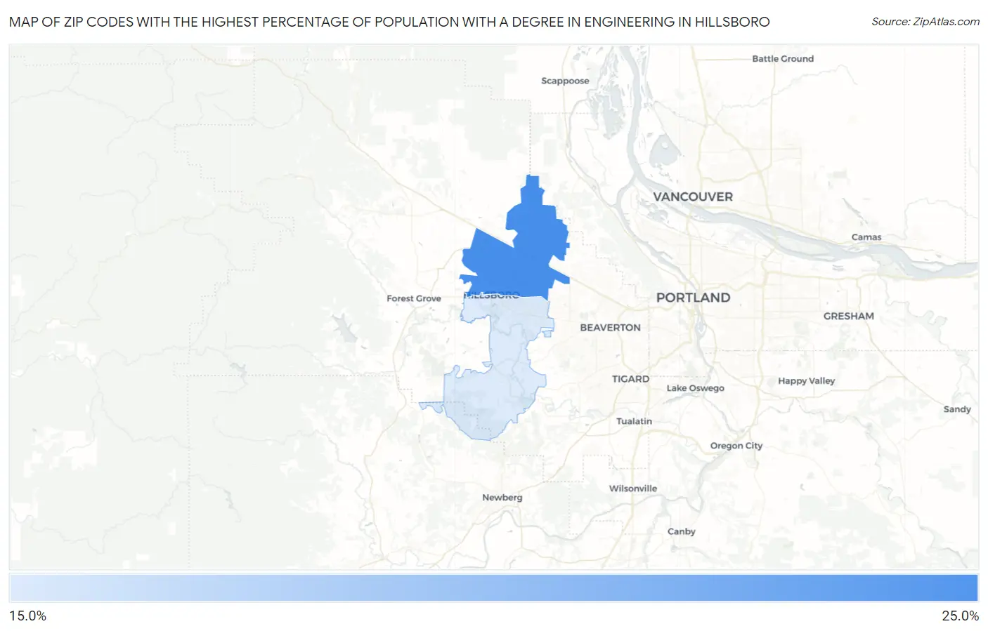 Zip Codes with the Highest Percentage of Population with a Degree in Engineering in Hillsboro Map