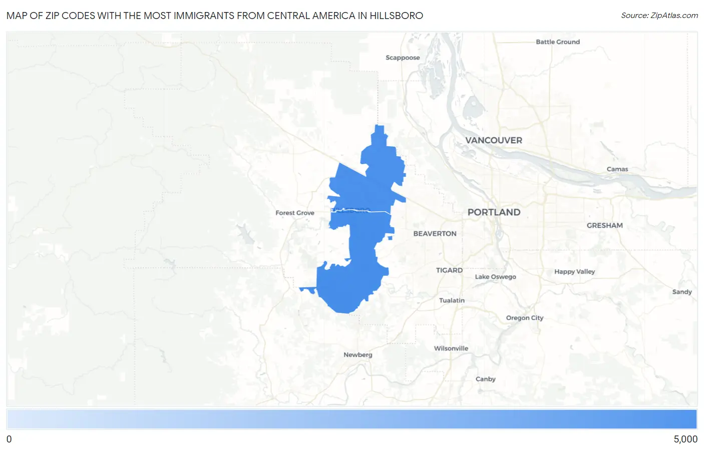 Zip Codes with the Most Immigrants from Central America in Hillsboro Map