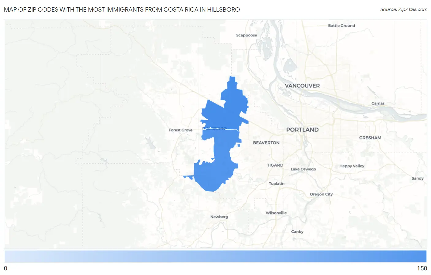 Zip Codes with the Most Immigrants from Costa Rica in Hillsboro Map