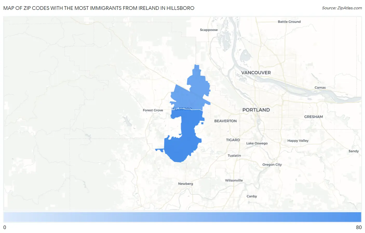 Zip Codes with the Most Immigrants from Ireland in Hillsboro Map