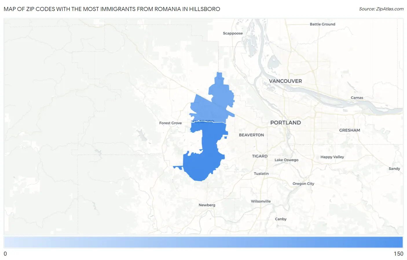 Zip Codes with the Most Immigrants from Romania in Hillsboro Map